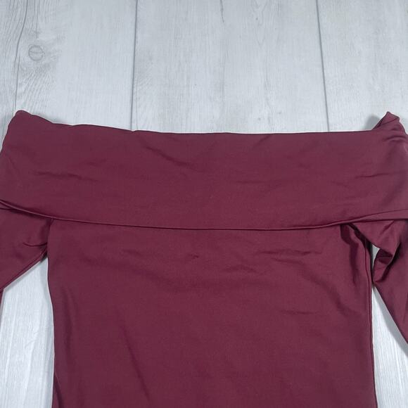 AritziaWomen's Medium Contour Deco Maroon Long Sleeve Bodysuit Off The Shoulder - Picture 2 of 10